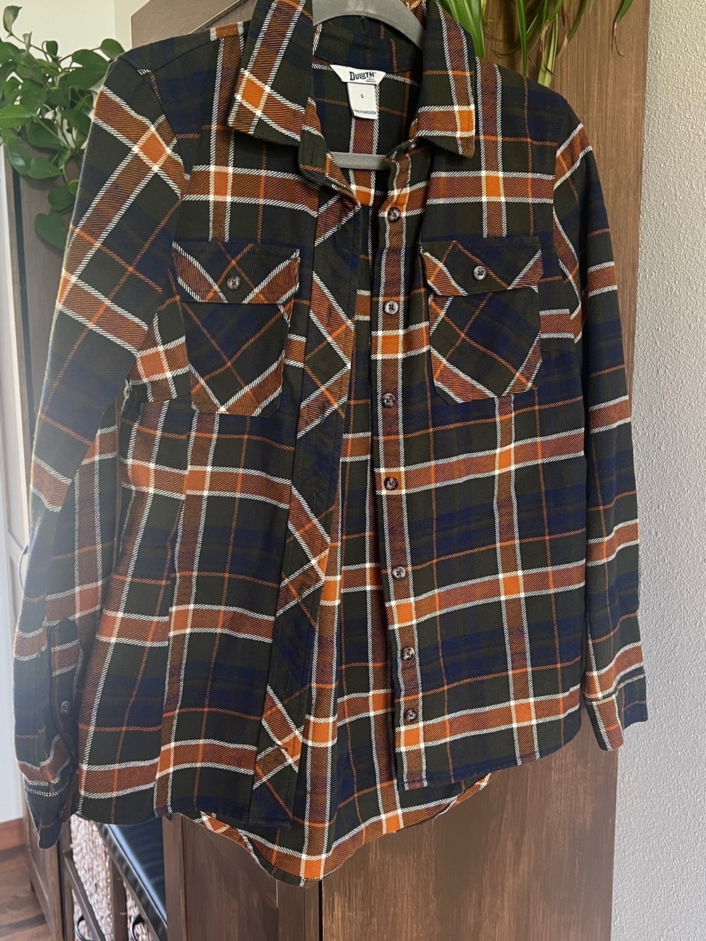 Duluth Trading Co Olive, Navy & Orange Plaid Flannel Shirt
